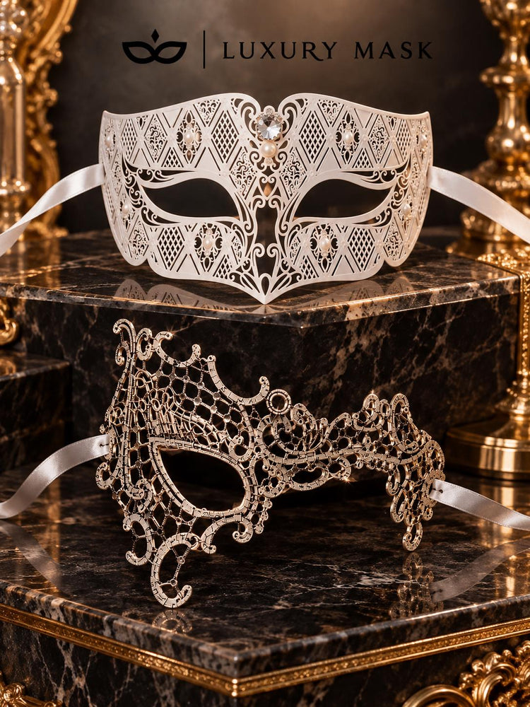 Silver Phantom Lace Mask for Women & White Diamond Metal Mask for Men - Clear Stone Venetian Couples Masquerade Set - product photo