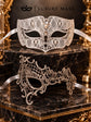Silver Phantom Lace Mask for Women & White Diamond Metal Mask for Men - Clear Stone Venetian Couples Masquerade Set - product photo