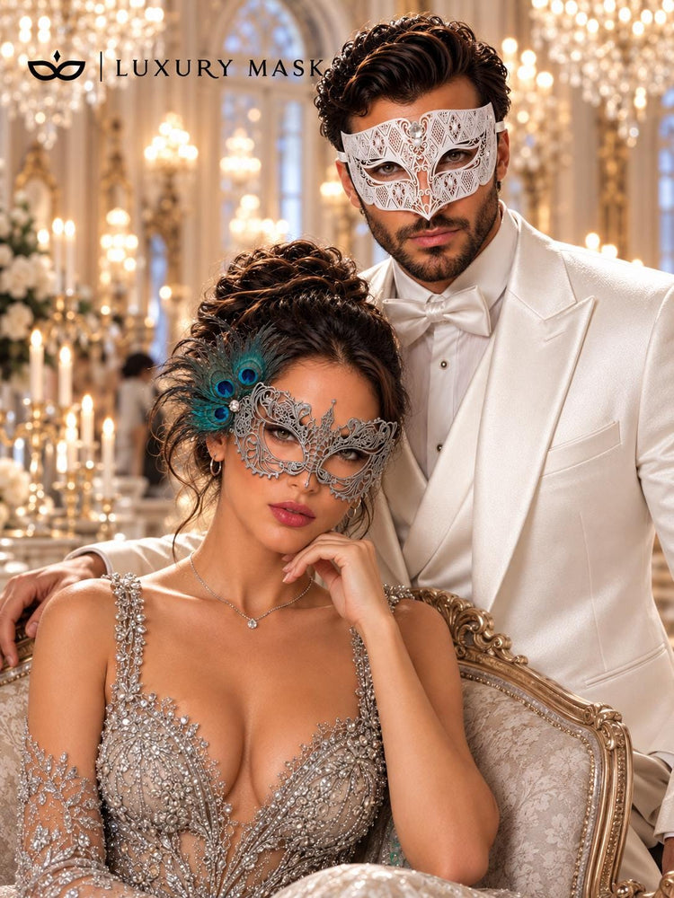 White Diamond Clear Stone Mask for Men & Silver Peacock Lace Mask for Women - Feathered Venetian Masquerade Couple Set - product photo