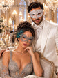 White Diamond Clear Stone Mask for Men & Silver Peacock Lace Mask for Women - Feathered Venetian Masquerade Couple Set - product photo