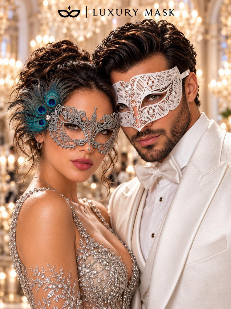 White Diamond Clear Stone Mask for Men & Silver Peacock Lace Mask for Women - Feathered Venetian Masquerade Couple Set - product photo