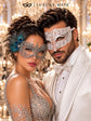 White Diamond Clear Stone Mask for Men & Silver Peacock Lace Mask for Women - Feathered Venetian Masquerade Couple Set - product photo