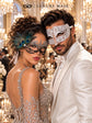 Silver Black Peacock Lace Mask for Women & White Diamond Metal Mask for Men - Clear Stone Venetian Masquerade Masks for Couples - product photo