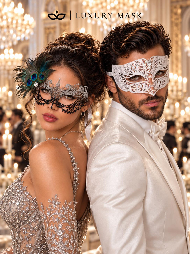 Silver Black Peacock Lace Mask for Women & White Diamond Metal Mask for Men - Clear Stone Venetian Masquerade Masks for Couples - product photo