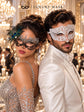 Silver Black Peacock Lace Mask for Women & White Diamond Metal Mask for Men - Clear Stone Venetian Masquerade Masks for Couples - product photo