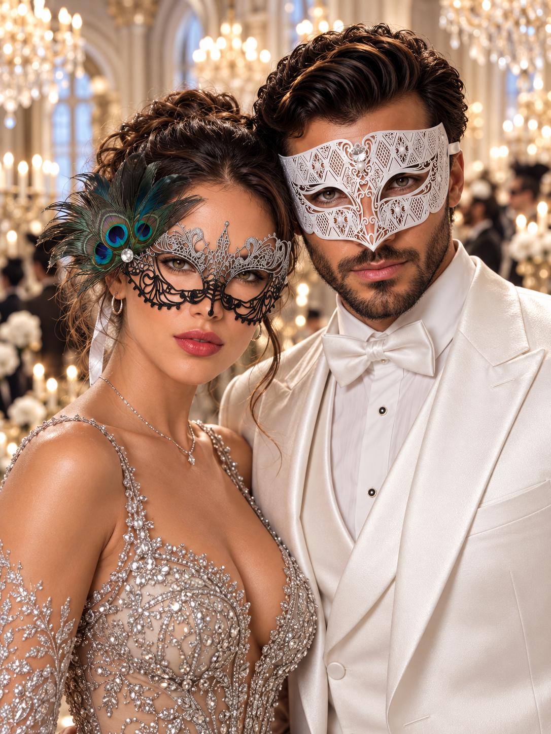 Silver Black Peacock Lace Mask for Women & White Diamond Metal Mask for Men - Clear Stone Venetian Masquerade Masks for Couples - main image