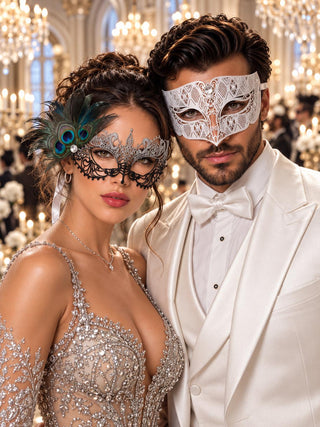 Silver Black Peacock Lace Mask for Women & White Diamond Metal Mask for Men - Clear Stone Venetian Masquerade Masks for Couples - main image