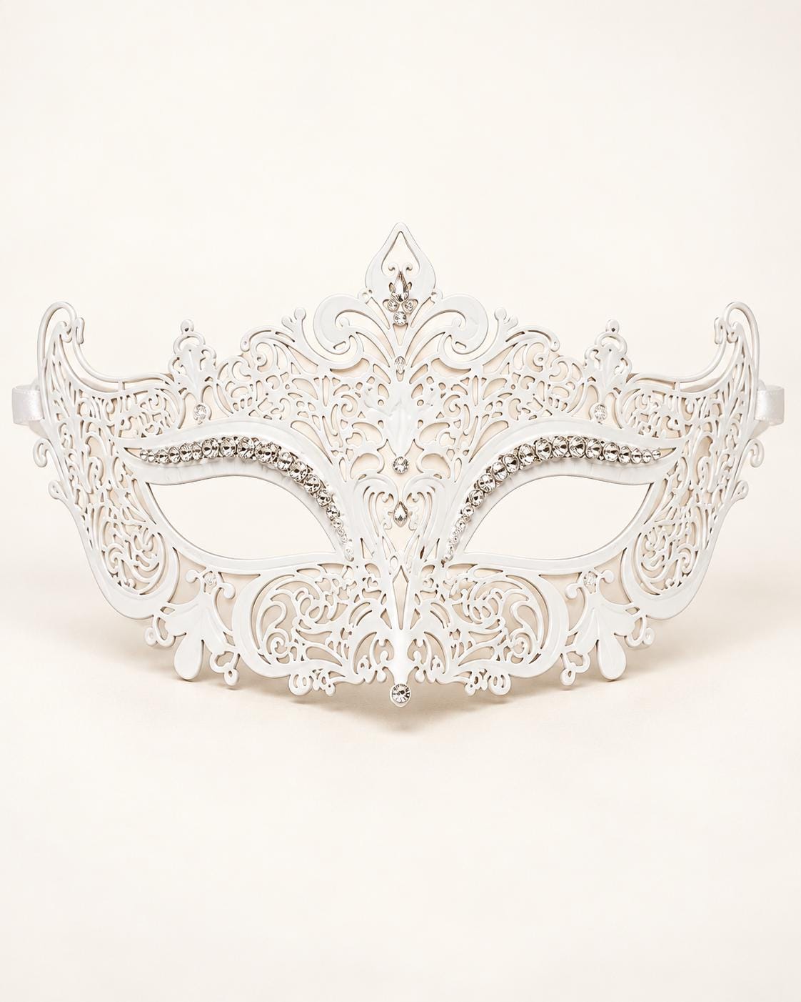 White Masquerade Mask for Women with Rhinestones, Party Eye Mask for Prom and Halloween - product photo