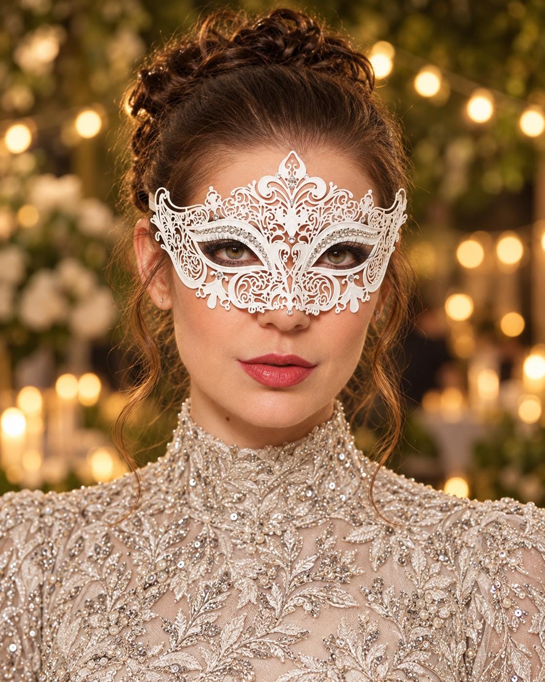 White Masquerade Mask for Women with Rhinestones, Party Eye Mask for Prom and Halloween - product photo