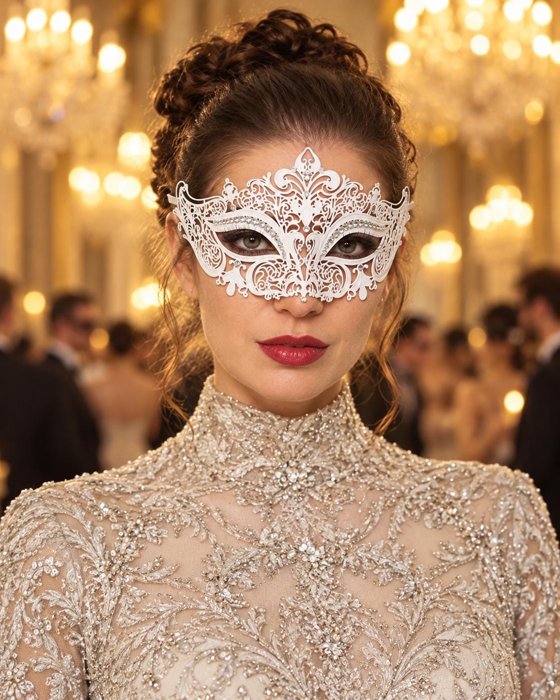 White Masquerade Mask for Women with Rhinestones, Party Eye Mask for Prom and Halloween - product photo