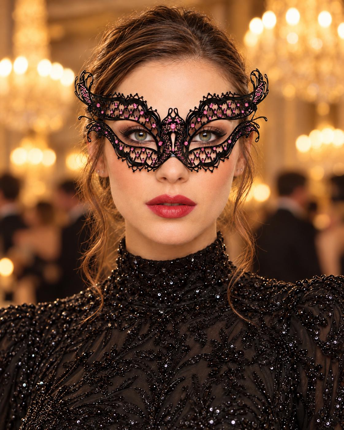 Black Masquerade Mask with Pink Rhinestones for Women, Diamond Design Party Eye Mask - main image