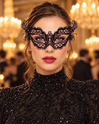 Black Masquerade Mask with Pink Rhinestones for Women, Diamond Design Party Eye Mask - main image