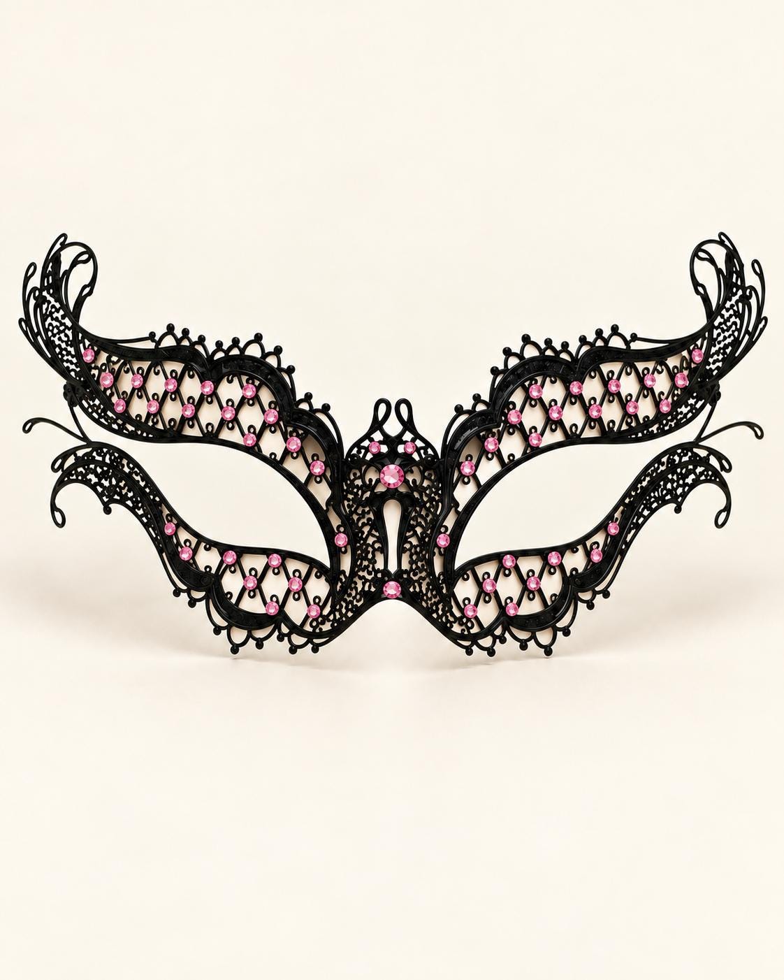 Black Masquerade Mask with Pink Rhinestones for Women, Diamond Design Party Eye Mask - product photo