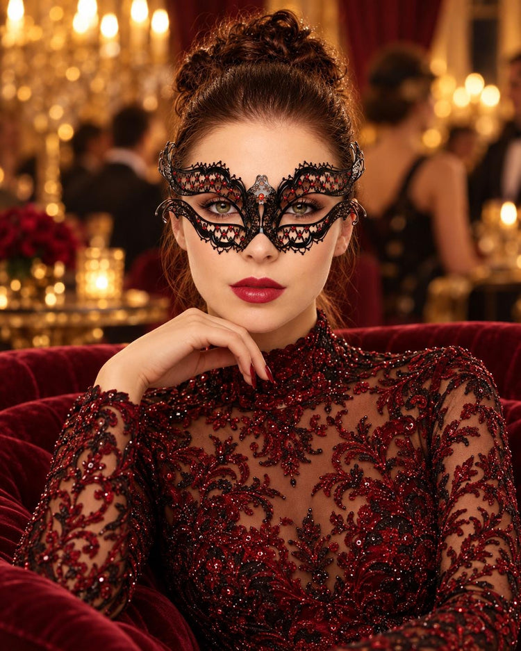 Black Masquerade Mask with Red Rhinestones for Women, Diamond Design Party Eye Mask - product photo