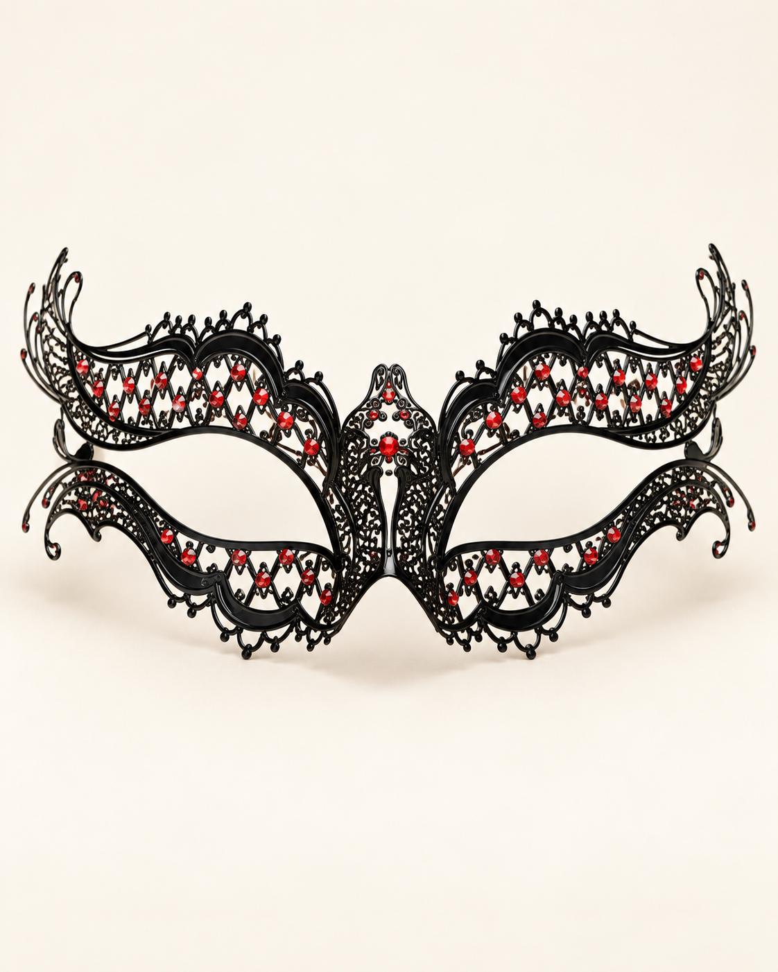 Black Masquerade Mask with Red Rhinestones for Women, Diamond Design Party Eye Mask - product photo