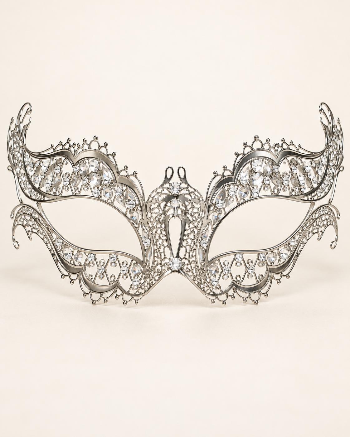 Silver Masquerade Mask with Clear Rhinestones for Women, Diamond Design Party Eye Mask - product photo