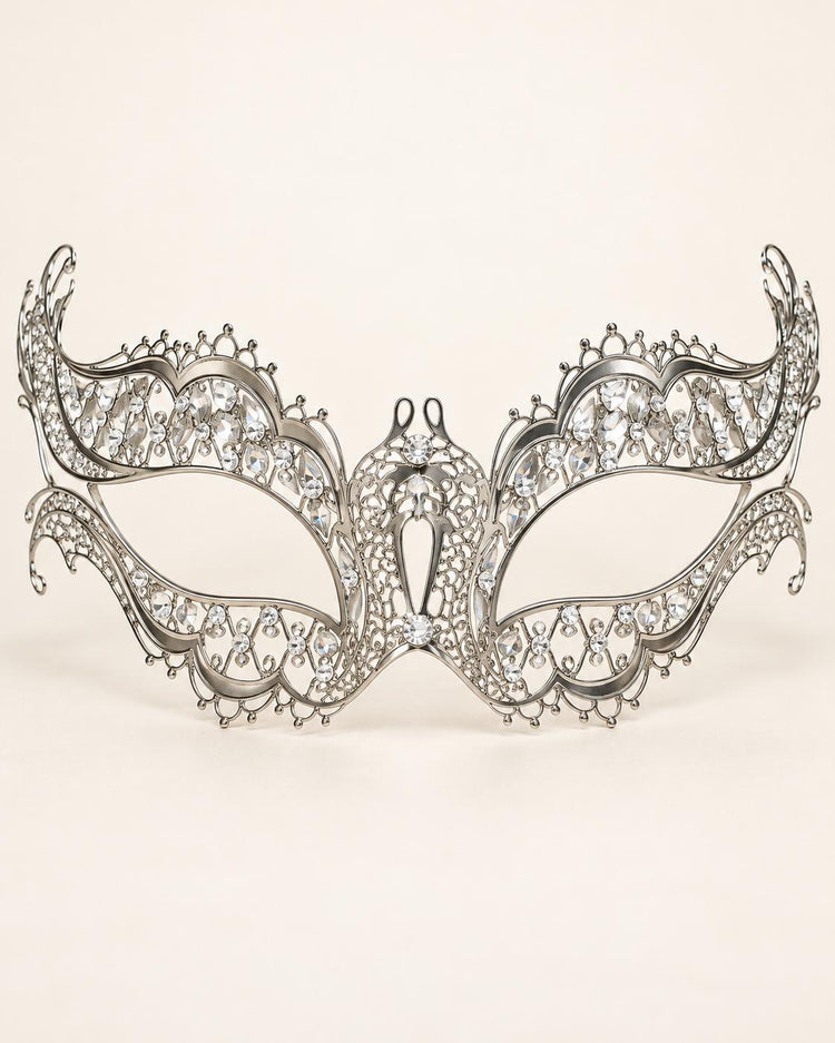 Silver Masquerade Mask with Clear Rhinestones for Women, Diamond Design Party Eye Mask - product photo