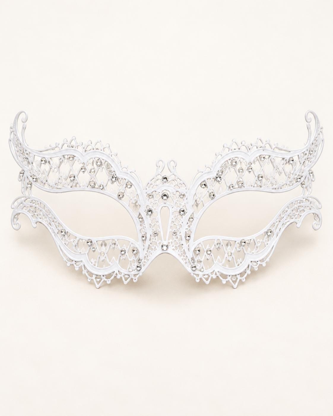 White Masquerade Mask with Clear Rhinestones for Women, Diamond Design Party Eye Mask - product photo