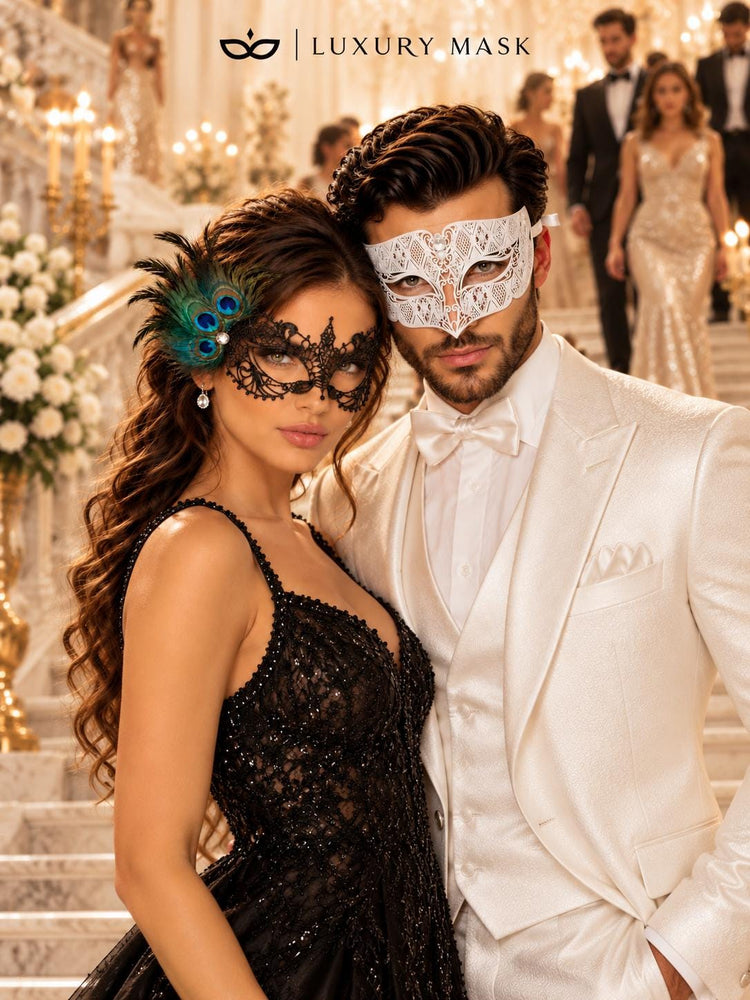 Black Peacock Feather Lace Mask for Women & White Diamond Venetian Mask for Men - Clear Stone Metal Masquerade Couple Set - product photo