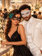 Black Peacock Feather Lace Mask for Women & White Diamond Venetian Mask for Men - Clear Stone Metal Masquerade Couple Set - product photo