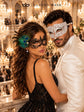 Black Peacock Feather Lace Mask for Women & White Diamond Venetian Mask for Men - Clear Stone Metal Masquerade Couple Set - product photo