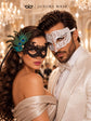 White Clear Stone Diamond Mask for Men with Black Peacock Feather Lace Mask for Women - Venetian Masquerade Masks for Couples - product photo