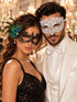Black Peacock Feather Lace Mask for Women & White Diamond Venetian Mask for Men - Clear Stone Metal Masquerade Couple Set - main image
