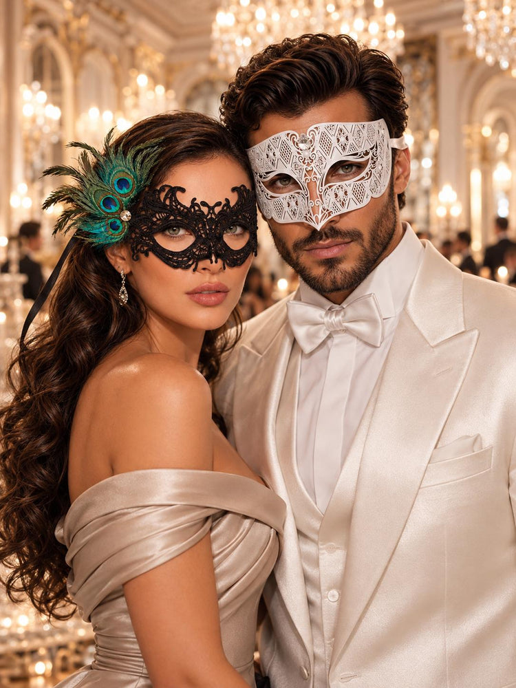 White Clear Stone Diamond Mask for Men with Black Peacock Feather Lace Mask for Women - Venetian Masquerade Masks for Couples - main image
