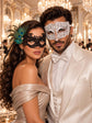 White Clear Stone Diamond Mask for Men with Black Peacock Feather Lace Mask for Women - Venetian Masquerade Masks for Couples - main image