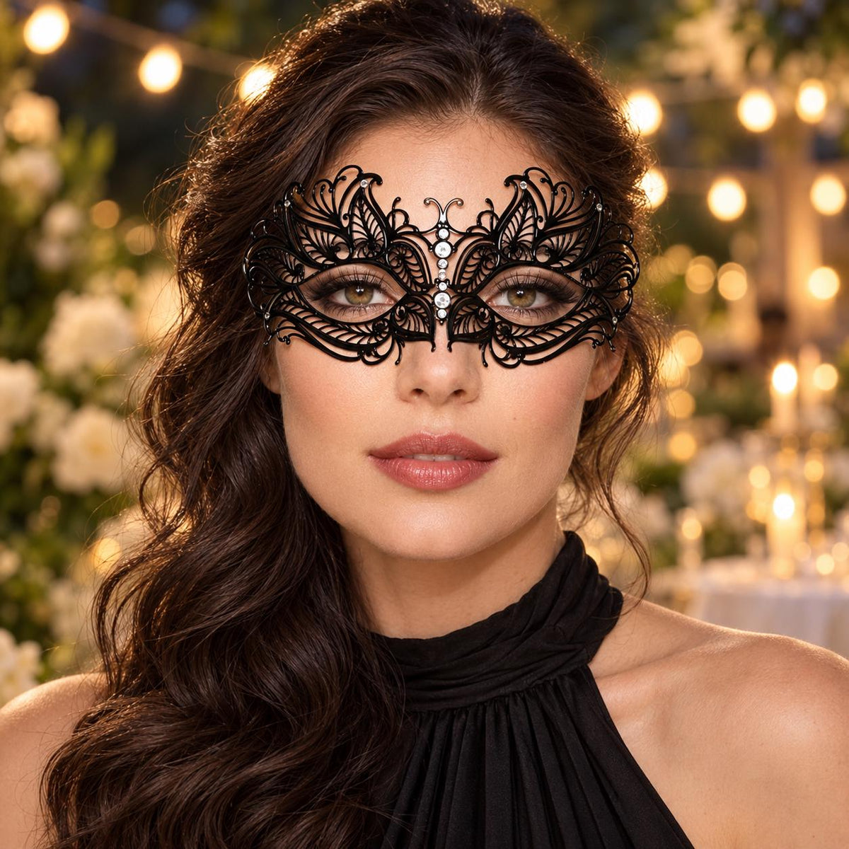 Black Butterfly Masquerade Mask with Clear Rhinestones for Women, Metal Party Eye Mask - product photo