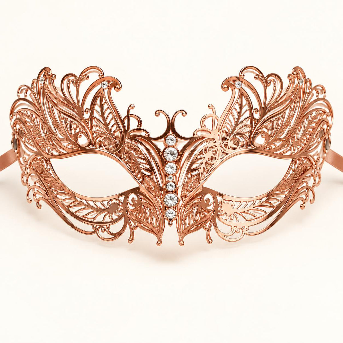 Rose Gold Butterfly Masquerade Mask with Clear Rhinestones for Women, Metal Party Eye Mask - product photo