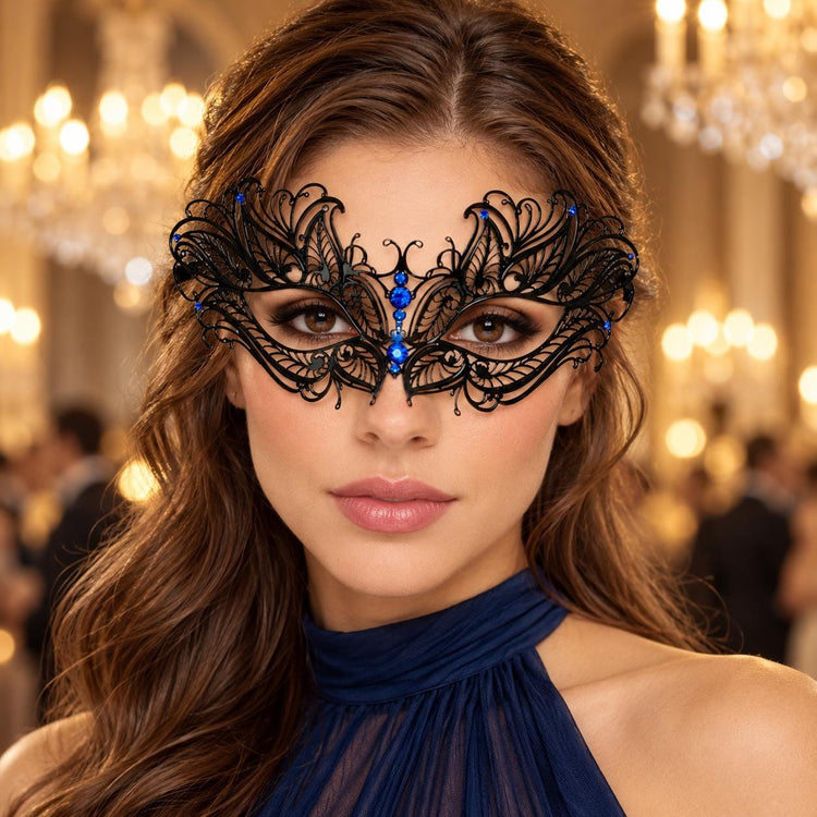 Black Butterfly Masquerade Mask with Blue Rhinestones for Women, Metal Party Eye Mask - product photo