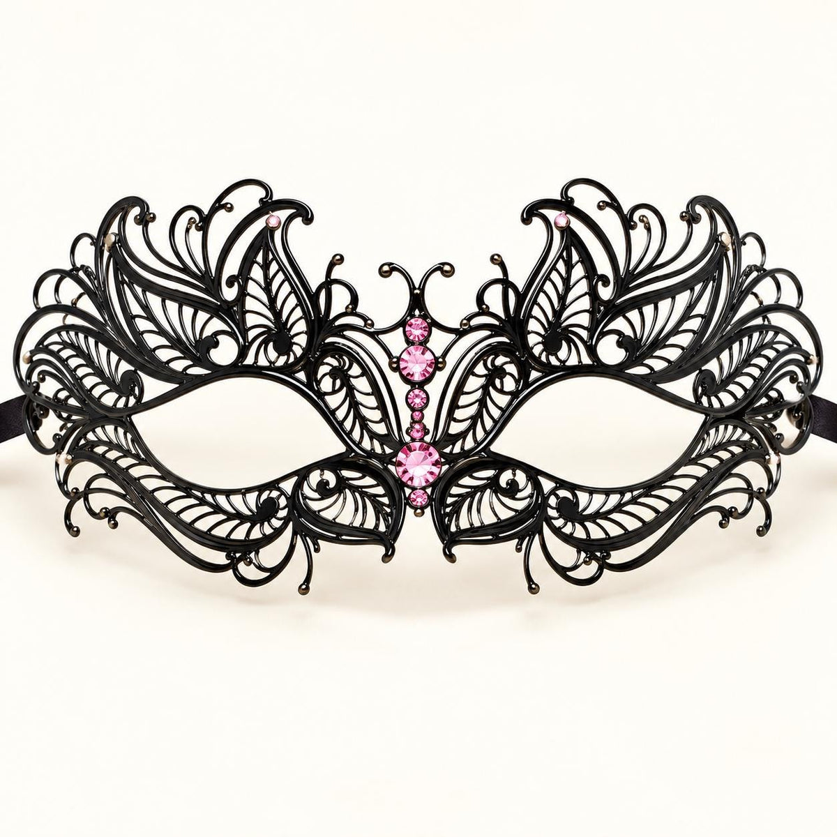 Black Butterfly Masquerade Mask with Pink Rhinestones for Women, Metal Party Eye Mask - product photo