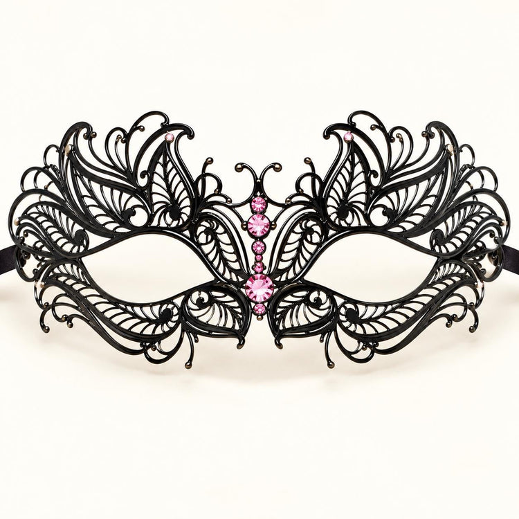 Black Butterfly Masquerade Mask with Pink Rhinestones for Women, Metal Party Eye Mask - product photo