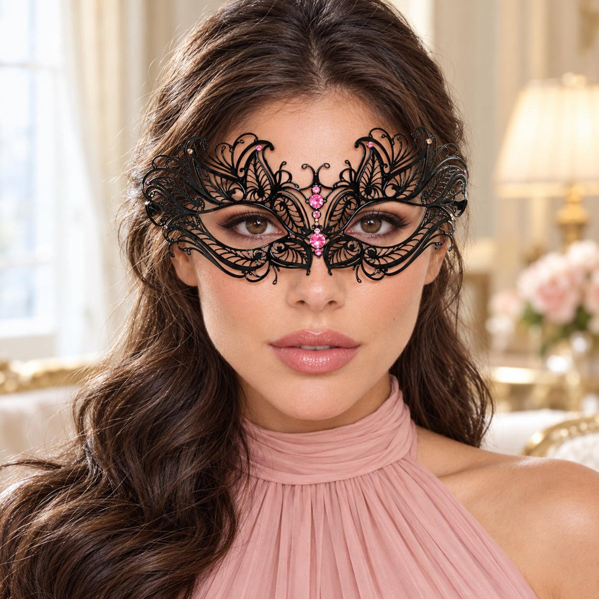 Black Butterfly Masquerade Mask with Pink Rhinestones for Women, Metal Party Eye Mask - product photo