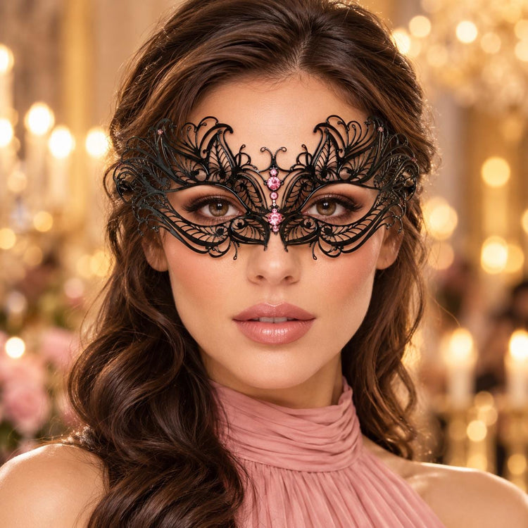 Black Butterfly Masquerade Mask with Pink Rhinestones for Women, Metal Party Eye Mask - main image