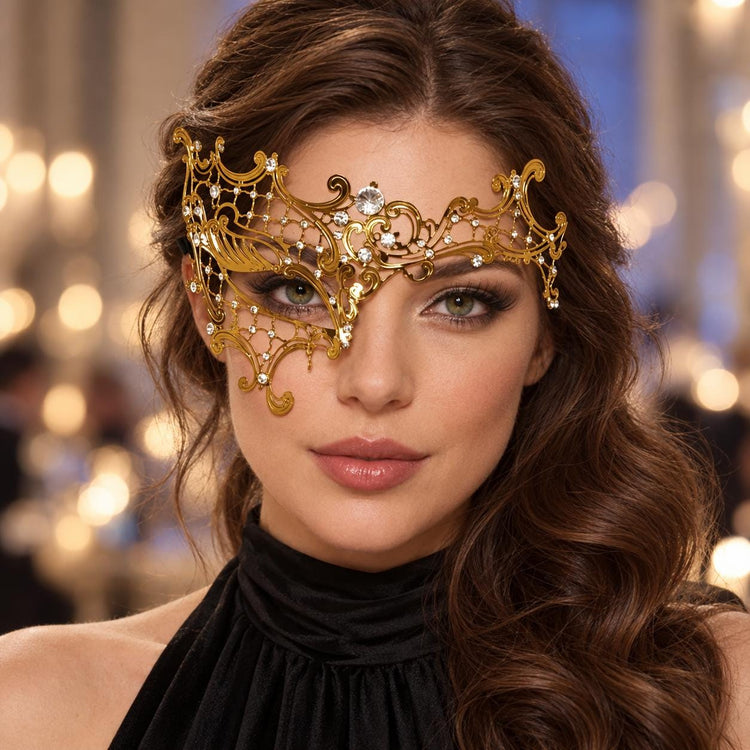 Gold Masquerade Mask with Clear Rhinestones for Women, Metal Party Eye Mask for Prom - main image