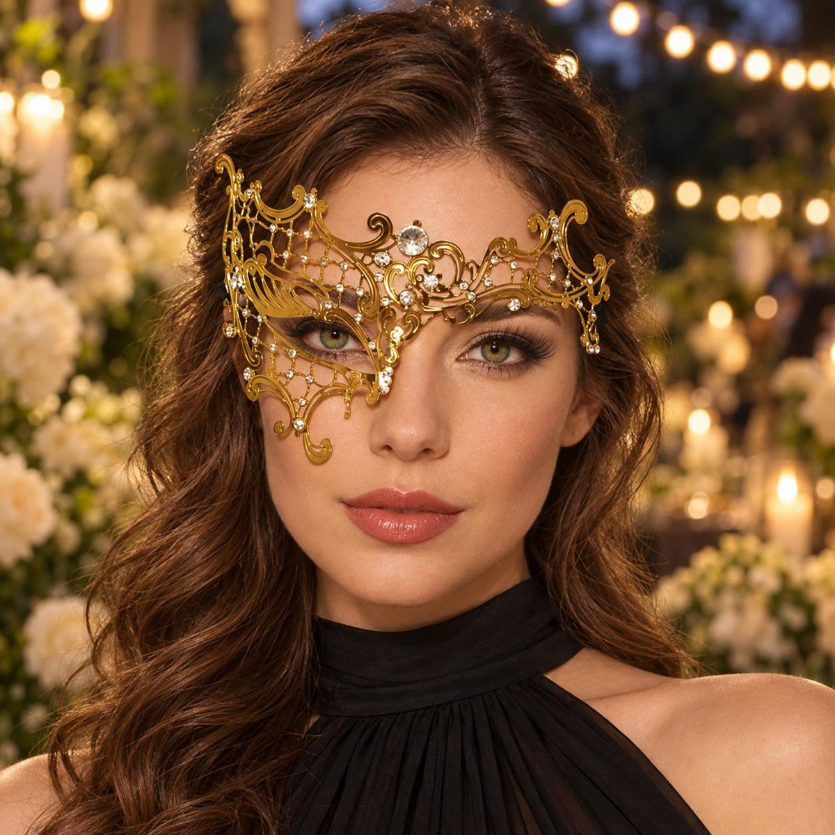 Gold Masquerade Mask with Clear Rhinestones for Women, Metal Party Eye Mask for Prom - product photo