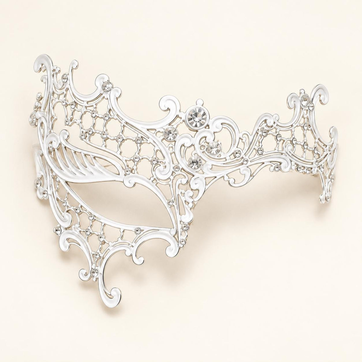 White Masquerade Mask with Clear Rhinestones for Women, Metal Party Eye Mask for Prom - product photo