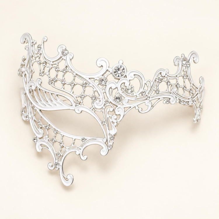White Masquerade Mask with Clear Rhinestones for Women, Metal Party Eye Mask for Prom - product photo