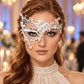 White Masquerade Mask with Clear Rhinestones for Women, Metal Party Eye Mask for Prom - main image