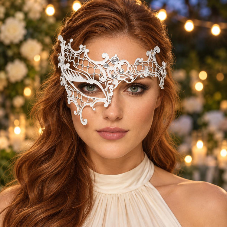White Masquerade Mask with Clear Rhinestones for Women, Metal Party Eye Mask for Prom - product photo