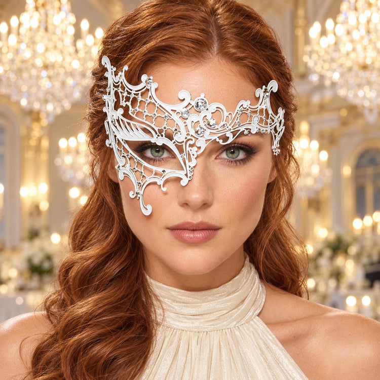 White Masquerade Mask with Clear Rhinestones for Women, Metal Party Eye Mask for Prom - product photo