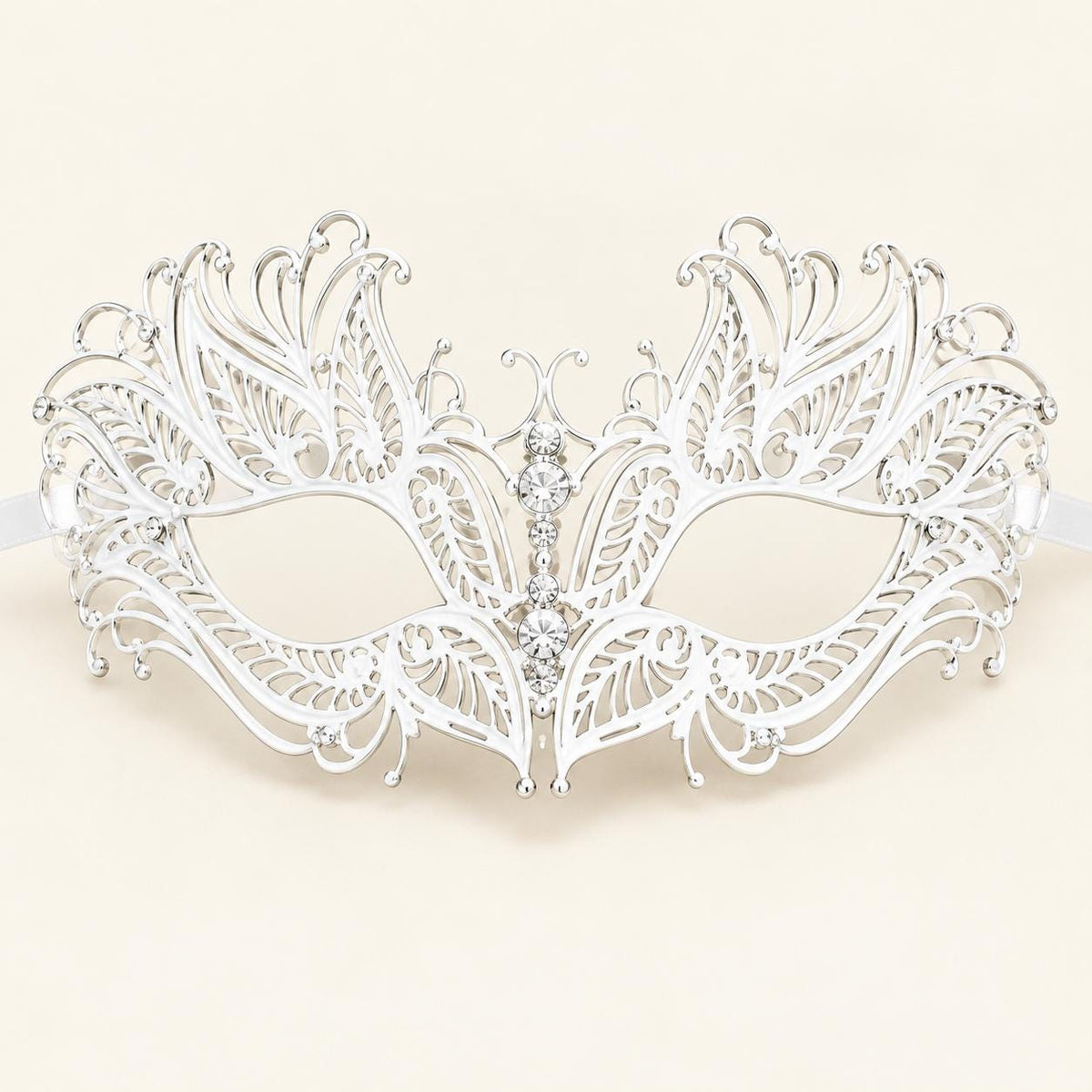 White Butterfly Masquerade Mask with Clear Rhinestones for Women, Metal Party Eye Mask - product photo