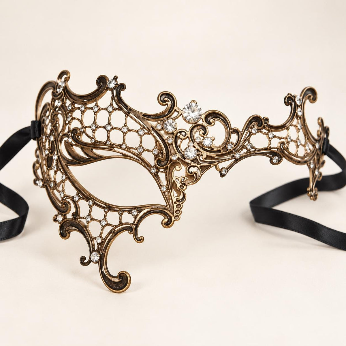 Vintage Gold Masquerade Mask with Clear Rhinestones for Women, Metal Party Eye Mask for Prom - product photo