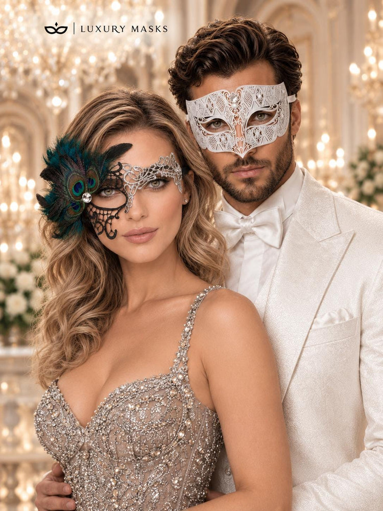 Black Silver Phantom Peacock Mask for Women & White Diamond Metal Mask for Men - Clear Stone Venetian Couples Masquerade Set - product photo