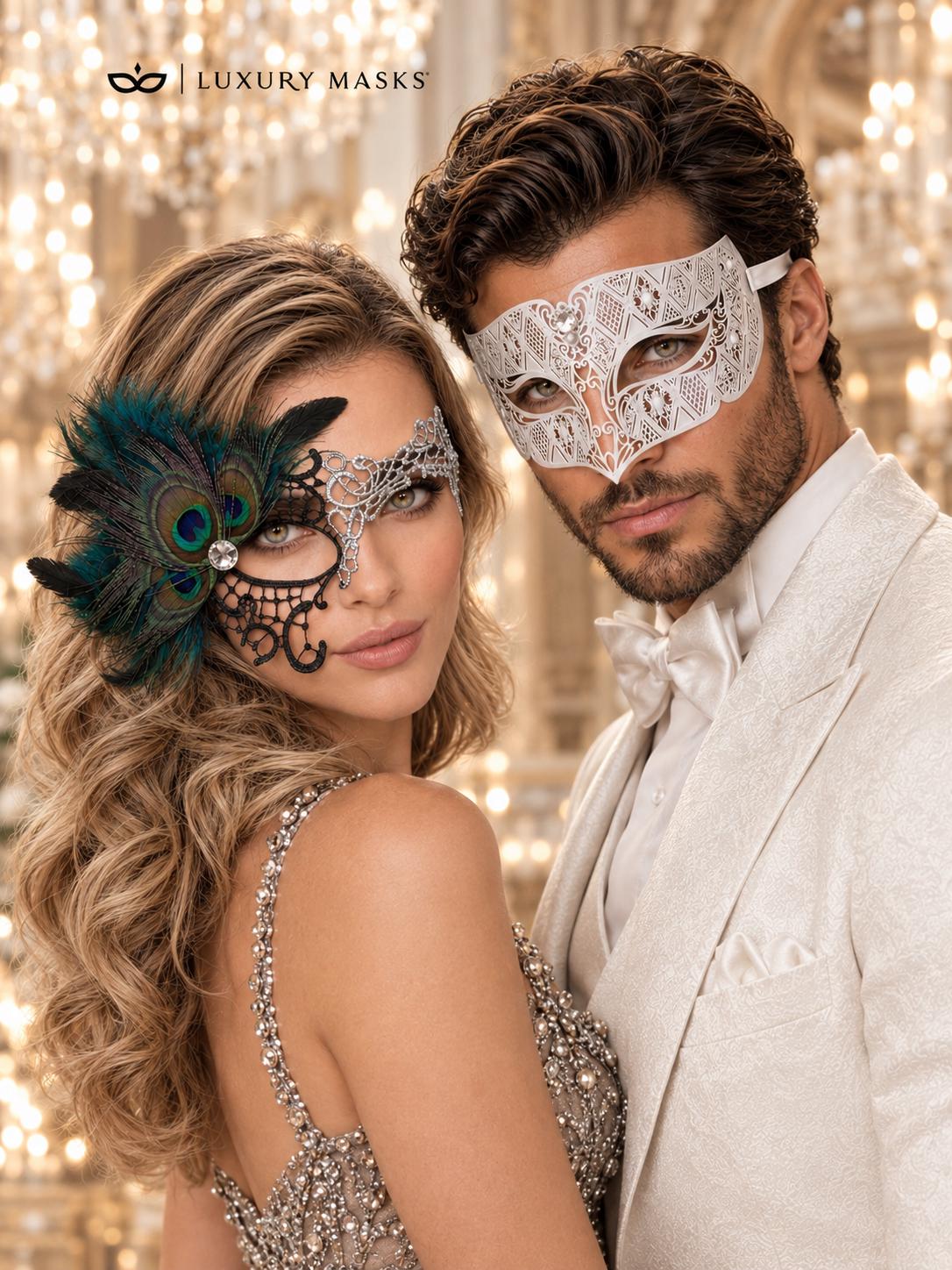 Black Silver Phantom Peacock Mask for Women & White Diamond Metal Mask for Men - Clear Stone Venetian Couples Masquerade Set - product photo