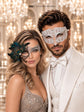 Black Silver Phantom Peacock Mask for Women & White Diamond Metal Mask for Men - Clear Stone Venetian Couples Masquerade Set - main image