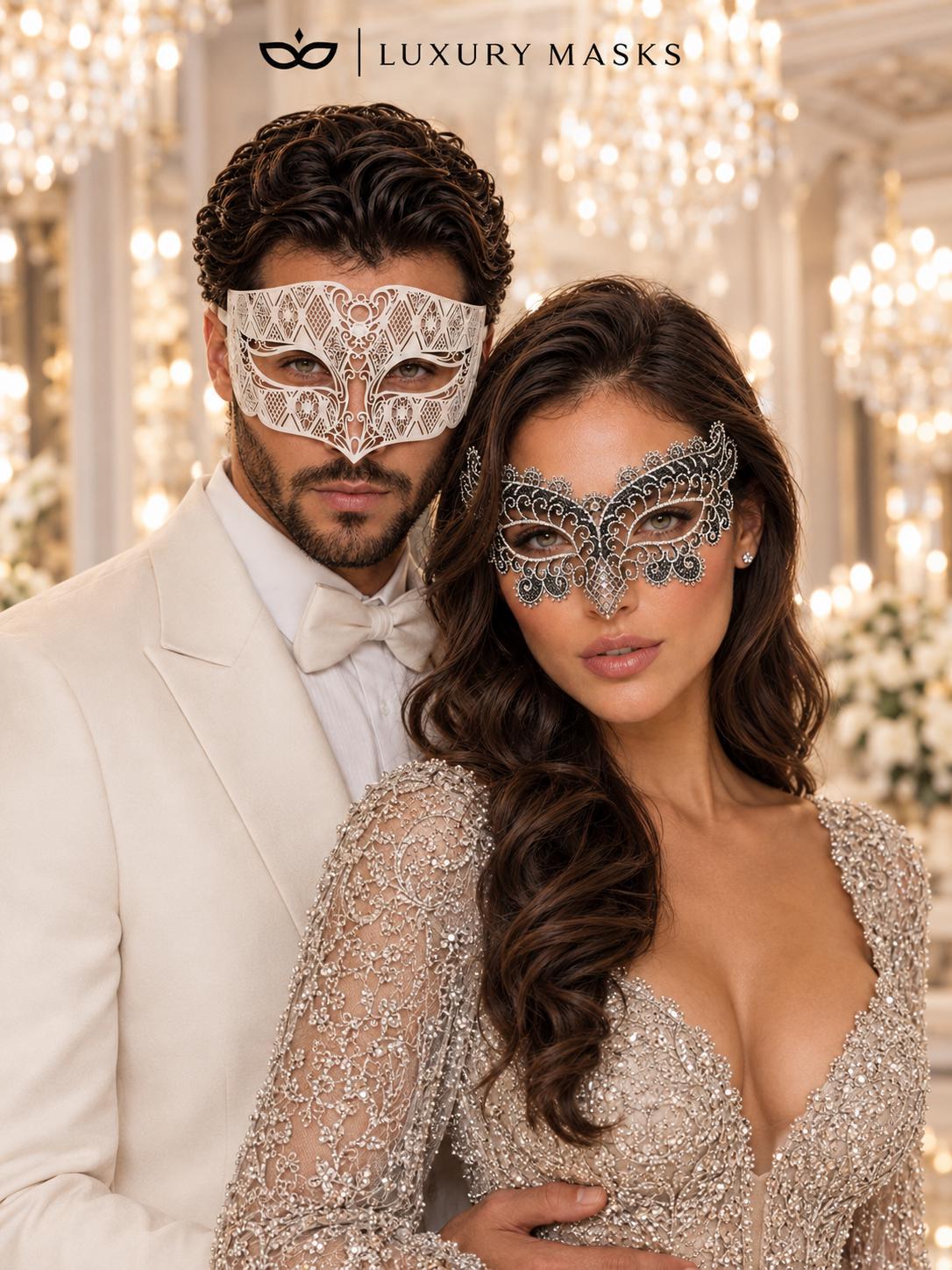 White Laser Cut Diamond Mask for Men & Black Silver Lace Mask for Women - Metal Venetian His and Hers Masquerade Set - product photo