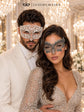 White Laser Cut Diamond Mask for Men & Black Silver Lace Mask for Women - Metal Venetian His and Hers Masquerade Set - product photo